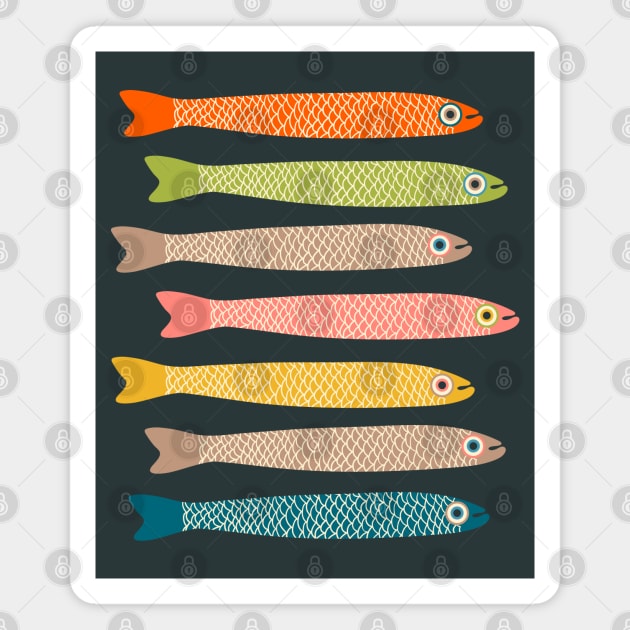 ANCHOVIES Bright Graphic Fun Groovy Fish in Vintage Orange Yellow Pink Blue Green Beige on Charcoal - Horizontal Layout - UnBlink Studio by Jackie Tahara Magnet by UnBlink Studio by Jackie Tahara